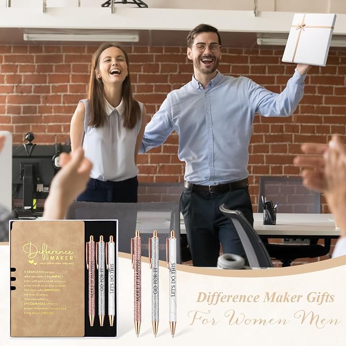 Thenshop 5 Pcs Difference Maker Gifts Journal with Pen Leather Notebook 3 Ballpoint Pens Box Thank You Gift for Nurse Boss Employee Coworker Teacher Volunteer Social Worker Assistant(Khaki)