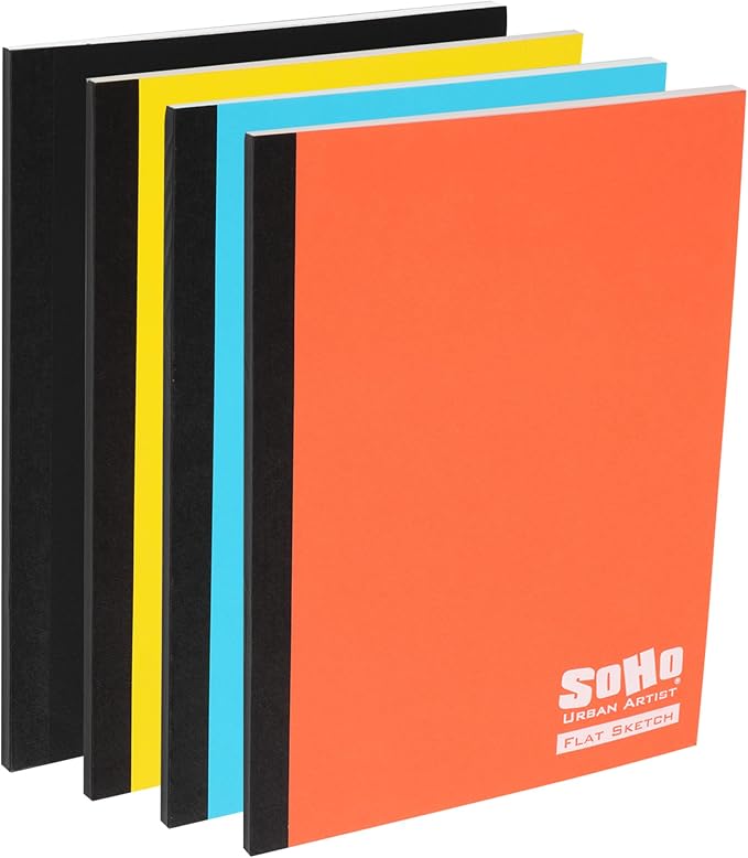 SoHo Urban Artist Tape Bound Lay Flat Sketch Book, Multicolor, 6x8 4 Pack, 30 Sheets Each (120 Total) Smooth Mixed Media Sketchbook, 71lb. (106 GSM) Paper Travel Art Journal, Soft Cover