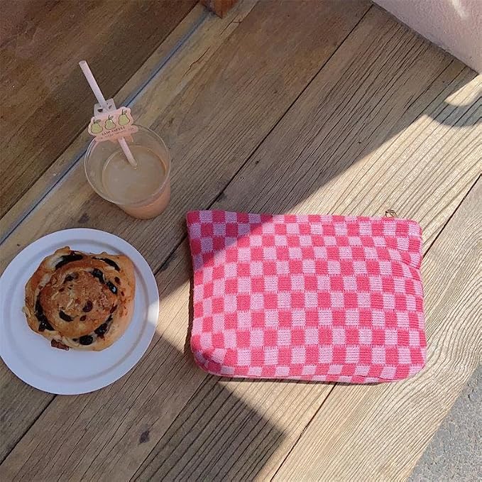 PAZIMIIK Checkered Makeup Bag for Purse, Small Flat Cosmetic Pouch,Hotpink | Cute Zipper Makeup Organizer for Women, Travel Essentials, Toiletries, Makeup Brushes, Beauty Accessories&Bridesmaid Gifts