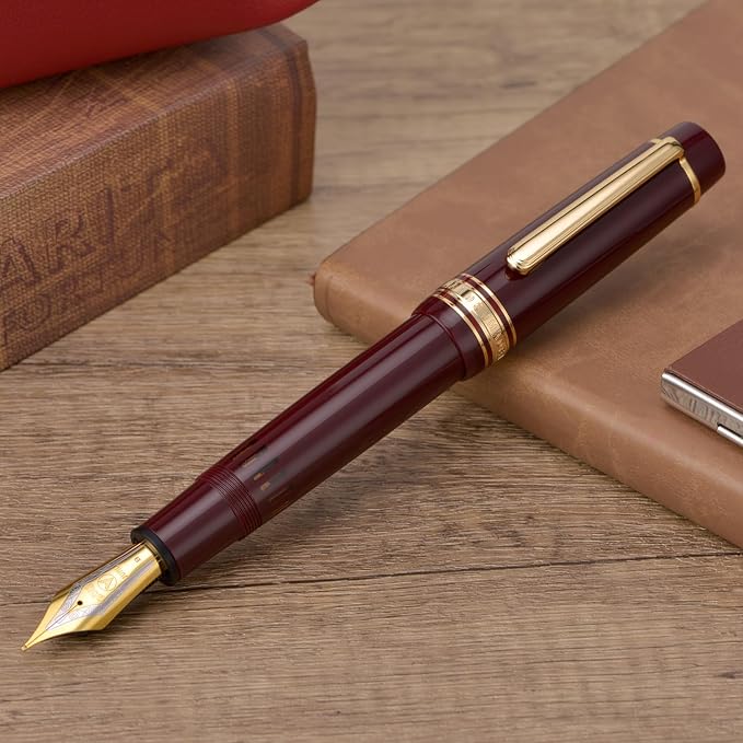 Wikult Yongsheng Junlai 930 Acrylic Fountain Pen, Size 9 Fine Nib with Piston Filling System, Wine Red Fence Ink Tank with Flat Top Design Smooth Writing Pen (Gold Trim)