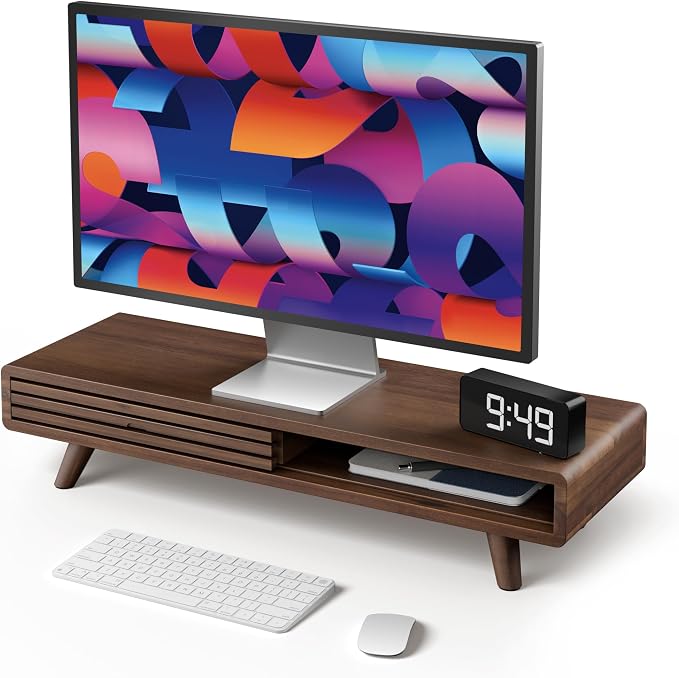 Tinamo 24" Wooden Monitor Stand Riser with Storage Organizer, Walnut Color | Acacia Wood, Sliding Door, Cable Management, Fits up to 32" Monitors, Multi-purpose Storage, Used for Computer, Laptop, TV