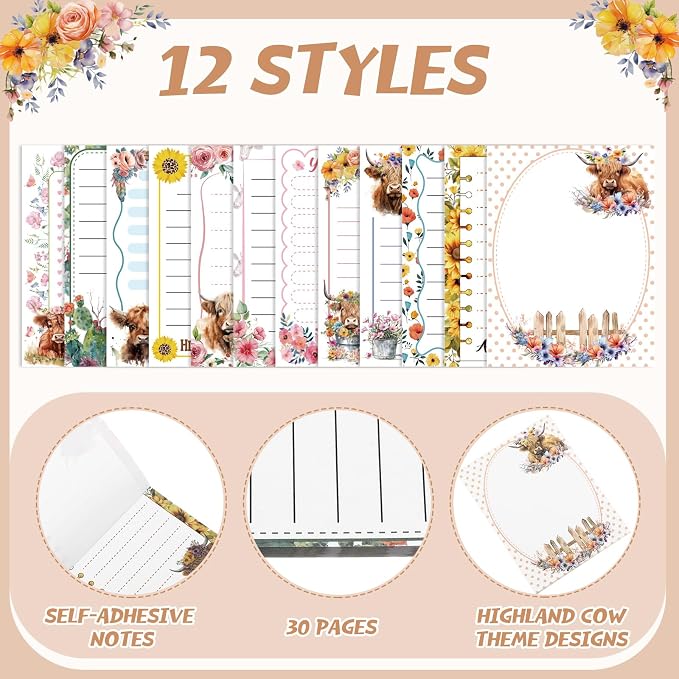 Chiisong 12 Pieces Highland Cow Sticky Notes 3x4 Inch Animal to Do List Just Loves Butterfly Sunflower Memo Notes Highland Cow Gifts Home Kawaii Cute Office Supplies
