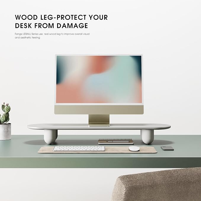 Fenge Computer Monitor Stand with Solid Beech Wood Legs, 34 Inch | All-White Finished Panell, 5-Min Tool-Free Assembly, Oval Monitor Riser for Art Spaces, Studios, Home Office