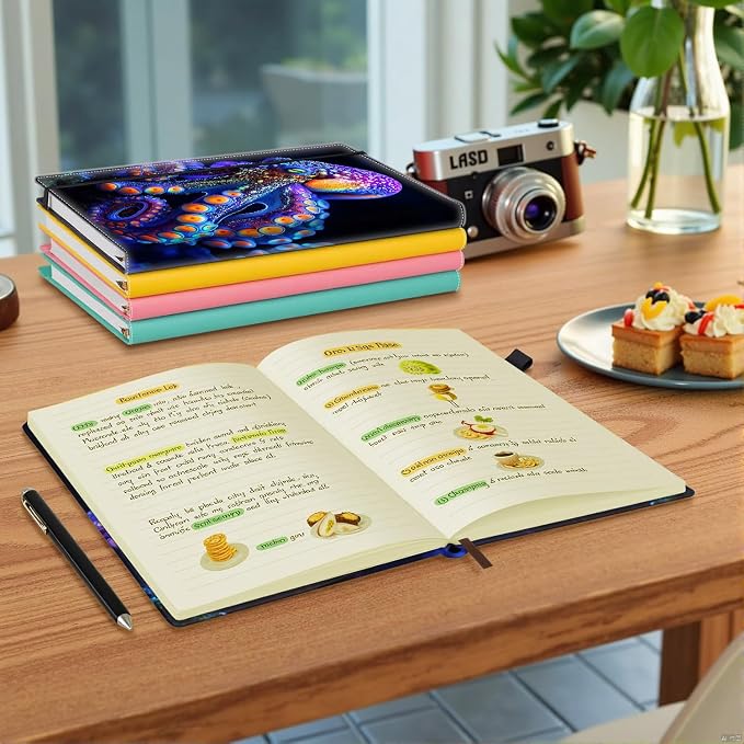Hardcover Executive Notebooks, A5 PU Leather Lined Journal Notebook, 200 Pages Thick Paper Subject Notebooks for School,Work,Home Writing Business Notebook, Diary Book ，Neon Octopus