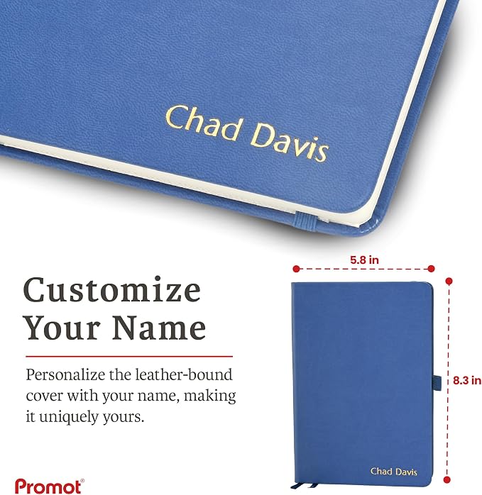 Promot PU Leather Ruled Journal Notebook- Custom Gold Metallic Text (Blue) | Premium Leather-Look Cover, Smooth Lined Writing Pages, Durable Everyday Construction, Lay-Flat Writing Experience