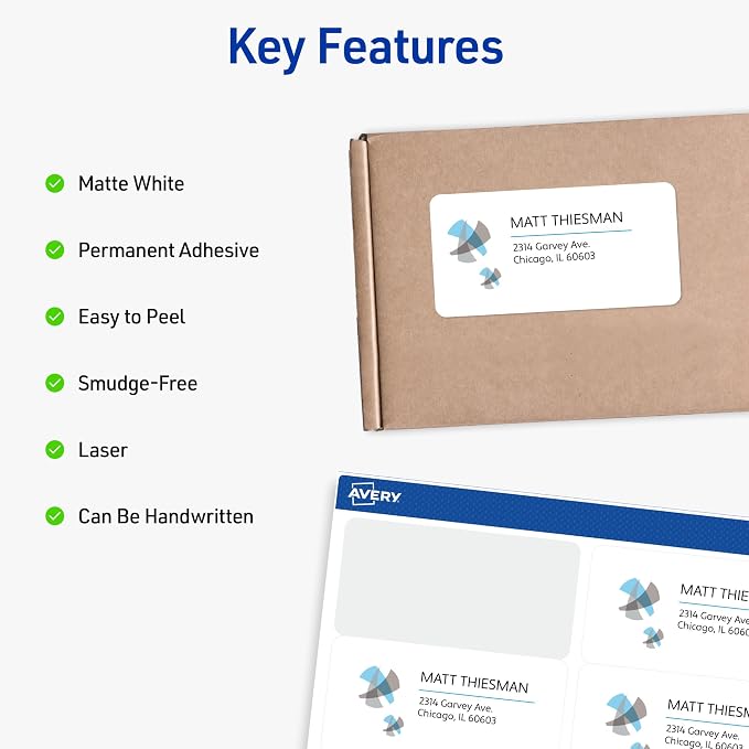 Avery Printable Shipping Labels with Sure Feed, 2" x 4" Customizable Stickers, White, 2,500 Blank Mailing Labels, Great for Mailing, Shipping, and More (5963)
