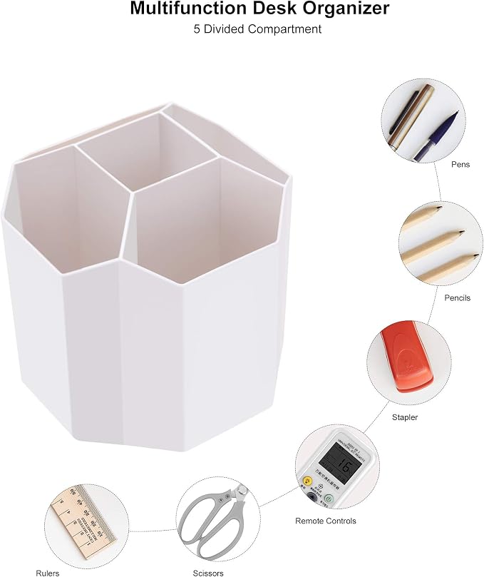 Siveit Desk Pencil Pen Holder, Rotating Pen Organizers 360-Degree 5 Grid Pen Holder for Desktop Storage Stationery Supplies Organizer, Home, Office, School, Kids, White