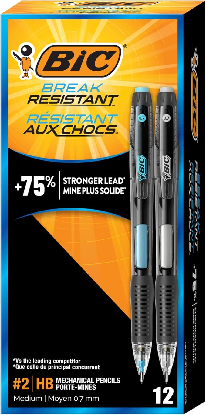BIC Break Resistant Mechanical Pencils with Erasers, No. 2 Medium Point (0.7 mm), School Supplies for Students and Teachers, 12-Count Pack