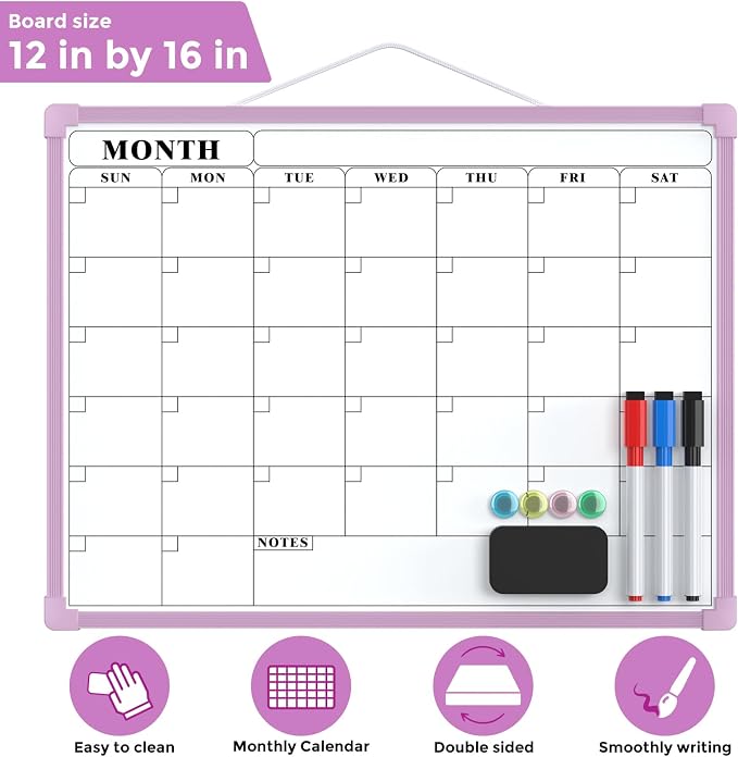 MaxGear Monthly Calendar Dry Erase Board for Wall, 16"x12", Purple Frame | Double-Sided, Hanging Small White Board, Portable Whiteboard for Planning, Drawing, Memo, to Do List, Home, Kitchen, Office