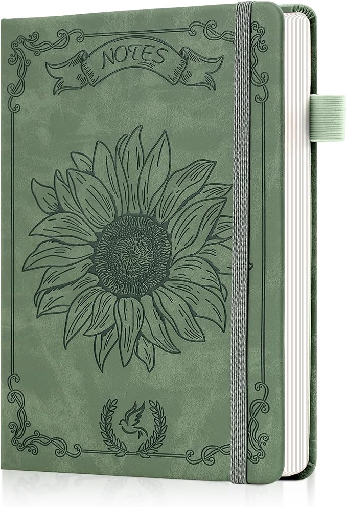 Ovesmusl Sunflower Journal for Girls Women Journals for Writing 100GSM College Ruled A5 Leather Notebook for Girls Ages 8-12 Flower Diary with Heart-Shaped Shadow, 5.7" x 8.3", Green