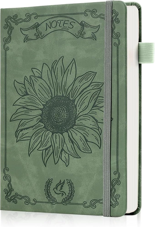 Ovesmusl Sunflower Journal for Girls Women Journals for Writing 100GSM College Ruled A5 Leather Notebook for Girls Ages 8-12 Flower Diary with Heart-Shaped Shadow, 5.7" x 8.3", Green