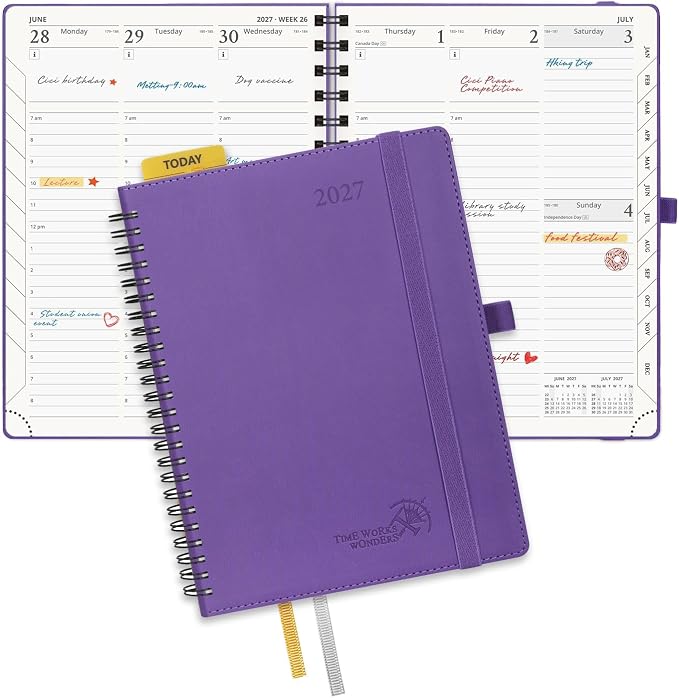 POPRUN 2027 Planner, 6.5'' x 8.5'', Weekly and Monthly Daily Calendar Book | 2027 Agenda(Jan - Dec) Appointment Book with Hourly Time Slots, Monthly Tabs, 100GSM, Spiral Leather Cover - Purple