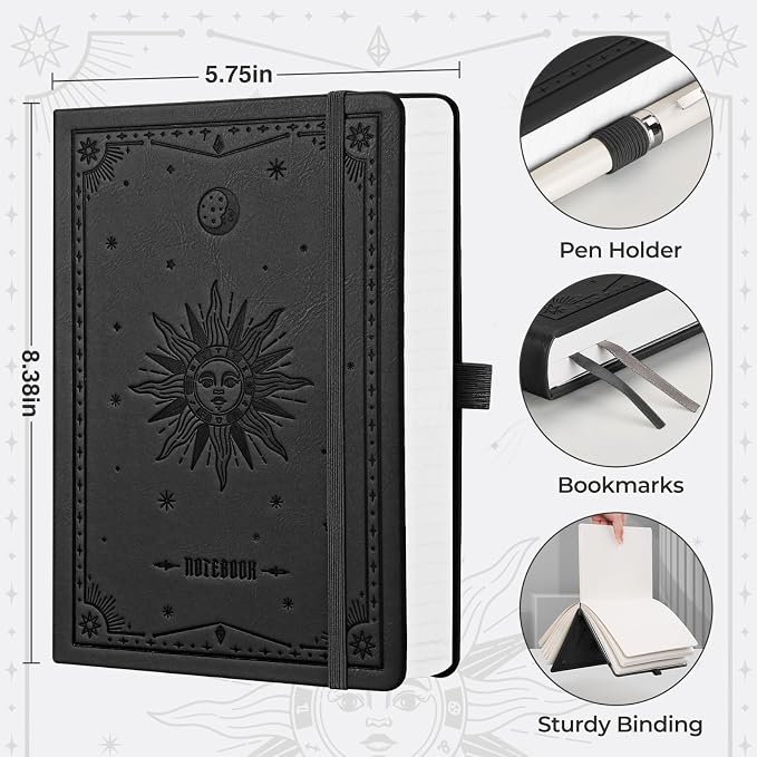 EMSHOI Lined Journal Notebook, 320 Numbered Pages, A5 Size (5.7'' x 8.3'') | Leather Hardcover, 100 GSM Thick Paper, for Women & Men, Journaling, Writing, Work & Office, Sun Debossed (Black)