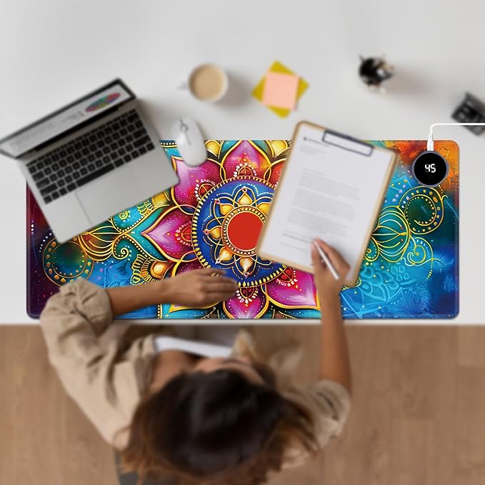 Heated Desk Pad Large Mouse Pad 31.5 x 13 inch with 3 Levels Heating & Auto Shut-Off Warm Mouse pad PU Leather Computer Mousepad for Home Office Work - Colorful Lotus Flowers