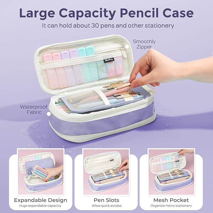Nicpro School Supplies Stationary Set with Pencil Case, 39 PCS Purple | Back to Schoo Supplies, Pen Case with 12 Highlighter, 5 Gel Pen, 6 Mechanical Pencil, Essentials for College, Nursing Student