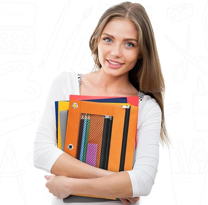 Pencil Pouch for 3 Ring Binder - 3 Hole Zipper Pen Case Bag Holder Bulk Accessories Clear Window Aesthetic Organizer Pockets