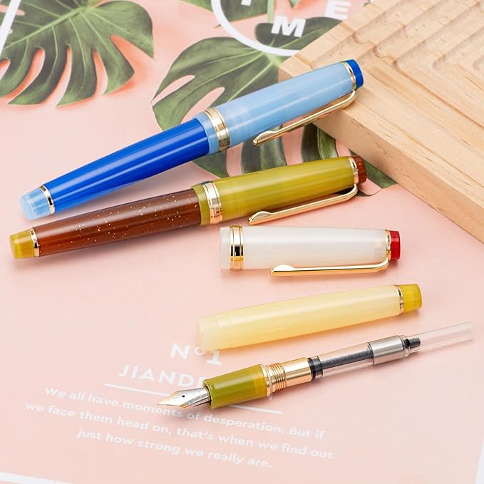 Jinhao 82 Acrylic Fountain Pen, Iridium Extra Fine Nib with Ink Converter, Morandi Sky Blue Contrast Color Classic Design Smooth Writing Pen (Gold Trim)