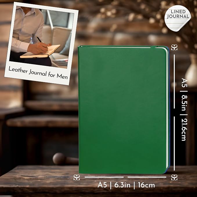 SETTINI® Hardcover Lined Journal Notebook A5 120 GSM Lay-Flat, Emerald | lay-flat binding, 120 GSM thick paper, A5, lined, ribbon bookmark, elastic closure, for women