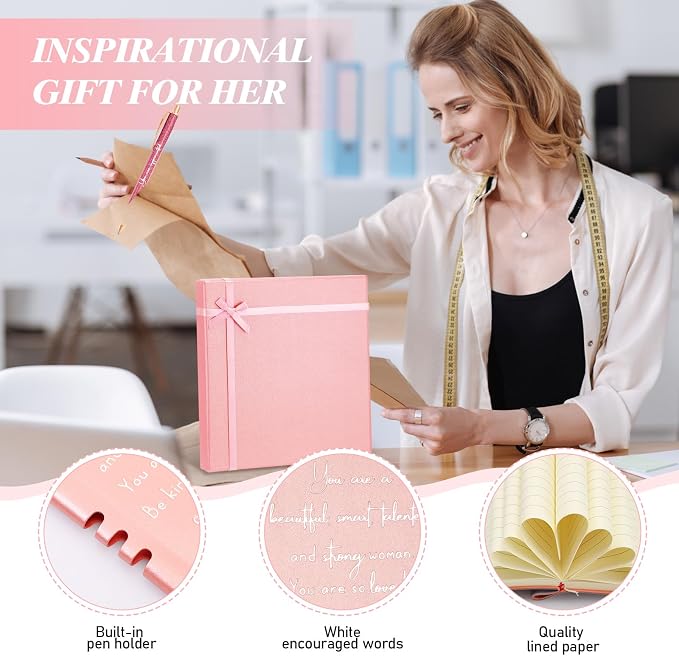 Resurhang 5 Pcs Inspirational Journal for Women Employee Appreciation Gift A6 Leather Journal Glitter Ballpoint Pen with Box for Back to School Teacher Coworker Female Secretary Nurse(Rose Gold)