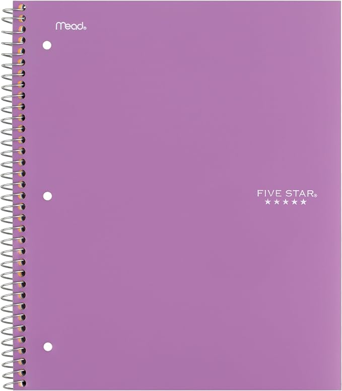 Five Star Spiral Notebook + Study App, 1 Subject, Wide Ruled Paper, 8" x 10-1/2", 100 Sheets, Fights Ink Bleed, Water Resistant Cover, Amethyst Purple (72351)