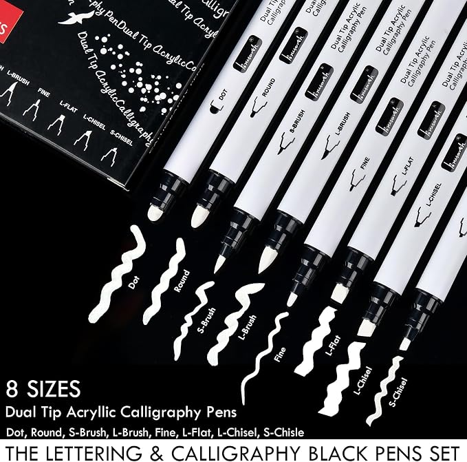 Brusarth Calligraphy Pens, 8 Size Dual Tip White Acrylic Calligraphy pen for Writing, Brush Pens Calligraphy Set for Beginners, Hand Lettering Pen for Art Drawing, Sketching, Scrapbooking