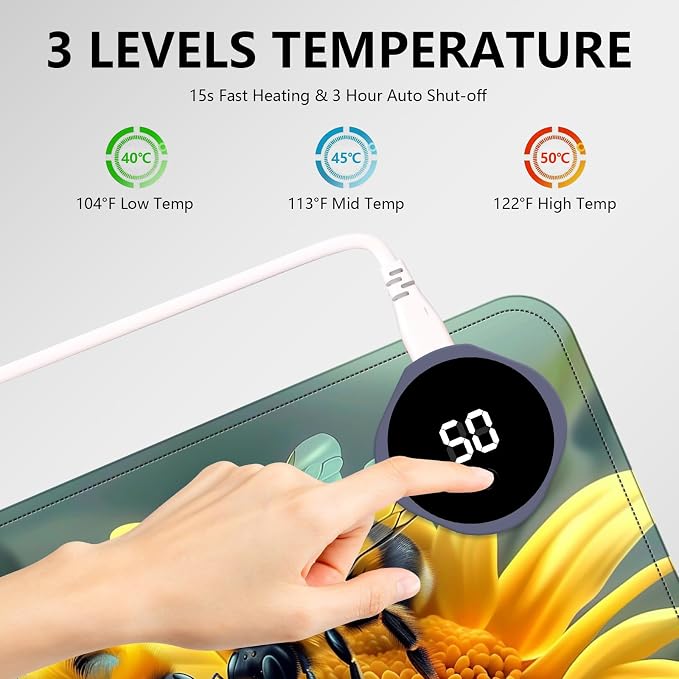 Heated Mouse Pad with 3 Levels Heated & 3 Hours Auto Shut-Off Mouse Pad for Warming Hands in Office Home, 23.6" x 14.2"Large Safe Desk Mat Hand Warmer，Bees Collect Honey