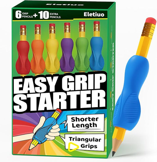 ELETIUO EASY GRIP STARTER 16-Pack Short Wooden Pencil for Kids,3.94" HB Yellow Pencils with Grips & Erasers,6 Pre-Assisted+10 Refills,Triangular Anti-Slip Corrective Training Pencils for Preschoolers