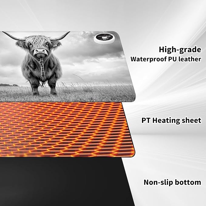 Warm Desk Pad,Heated Desk Pad,Office Mat,3 Heating Levels & 3 Hours Auto Shut-Off,31.5"*13" Gaming Mouse Laptop Keyboard Leather Desk Mat,Cute Highland Cow Black