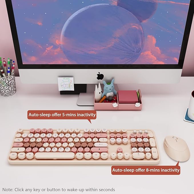 KOOTOP Wireless Keyboard and Mouse, Cute Keyboard and Mouse Combo with Retro Round Keycap, 2.4G Connectivity for PC, Mac, Laptop, Computer Windows (Milk Tea)