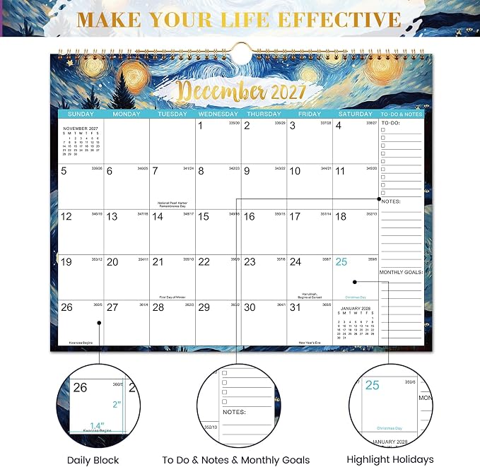 2027 Calendar - 2027 Wall Calendar, January 2027 - December 2027, 2027 Monthly Wall Calendar, 15" x 11.5", 12 Months Calendar, Large with Hook, Perfect for Organizing, For Home, Office And Classroom
