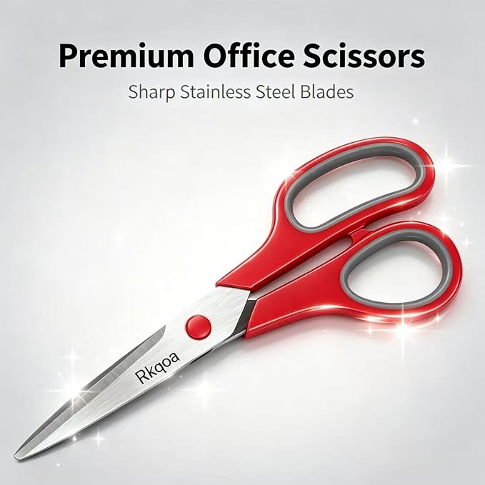 Black 6 Scissors Pack, Rkqoa 8" All Purpose Sharp Scissor for Everyday Use | Comfort-Grip Scissor for Office School Classroom Fabric Craft Sewing Supplies, High/Middle Student Teacher, Right/Left Handle