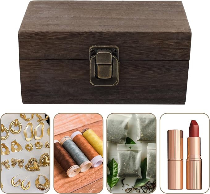 Antique Wooden Box with Hinged Lid and Lock Rectangle Wooden Storage Box Decorative Wood Box for Crafts, Hobbies, Gifts, and Jewelry Box（1 Floor）