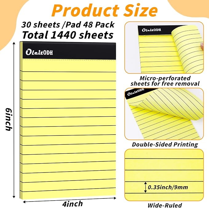Oleitodh 48 Pack 4 x 6 Yellow Note Pads Lined Memo Pads Perforated Pages | 30 Sheets Each, Smooth Writing, Pocket Size, Easy Tear, Office, School, Home, Shopping Lists, Daily Notes