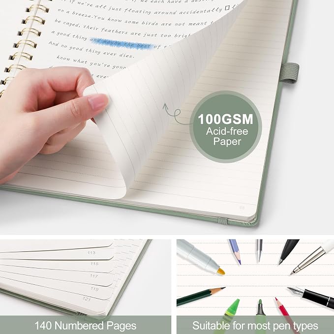AHGXG Lined Spiral Journal Notebook, 140 Pages, B5 (7.6" x 10") | Journals for Women, Hardcover Leather Notebook College Ruled, 100 GSM Paper, for Work School Note Taking (Sage Green)