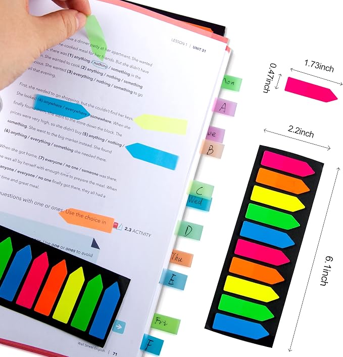 Golcellia Fluorescent Translucent Sticky Note Flags, 2400 Pcs Total, Pack of 10 Color Tabs, Arrow Sticky Notes, Page Flag Markers, Arrow Index Tabs