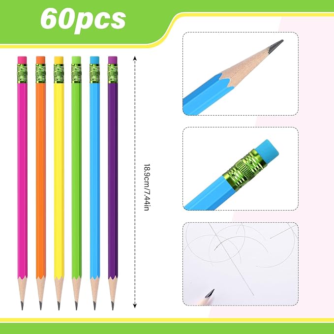 TecUnite 60 Pcs HB Pencils #2 Unsharpened Wood Cased Pencils with Eraser Hexagonal Pencil Cute Graphite No 2 Pen for Adults Gifts Exam School Office Sketching Learning(Rainbow Color, Green)
