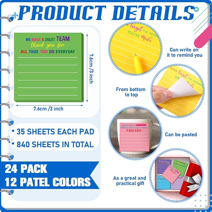Yinder 24 Pcs Sticky Notes Gifts Bulk,Thank You,Dark