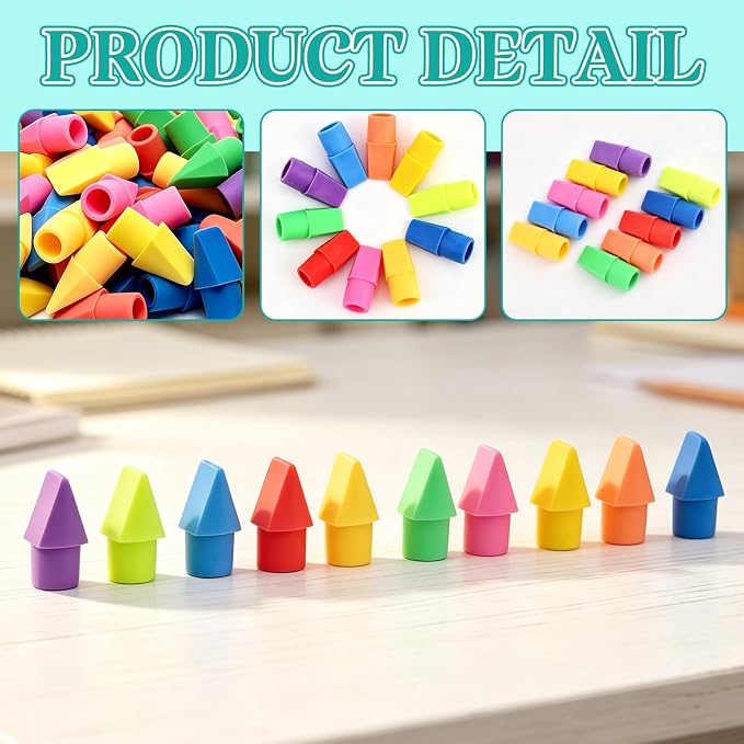 PRALB Erasers for Pencils, 100 Pack, Pencil Top Erasers, Vivid Colors | Cap Tops, Topper Erasers，Chisel-shaped caps, Classroom Rewards, Teacher Supplies, Party Favors, School Prize Box