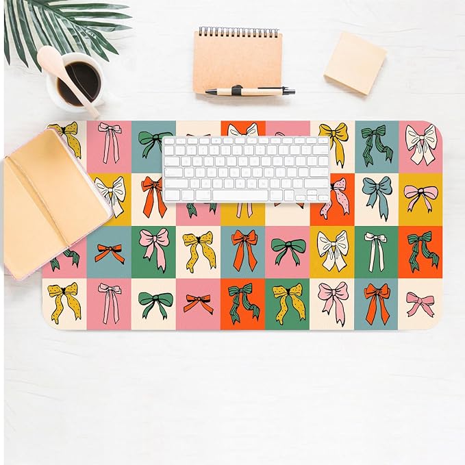 Cute Bows Large Mouse Pad, Desk Matt for Desktop, PU Leather Waterproof Desk Pad, Computer PC Laptop Protector Gaming Mouse Pads for Women Office Decor (27.5" x 13.8")