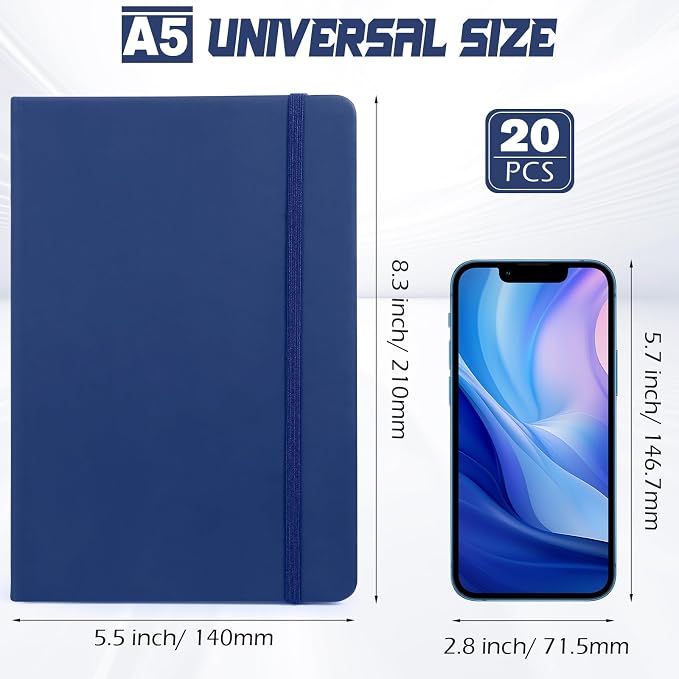 Honoson 20 Pack A5 Lined Journal Notebooks Hardcover Executive Notebook 5.5" x 8.3" PU Leather Wide Ruled Journals Bulk 160 Pages for Back to School Supplies Office Business Home (Navy)