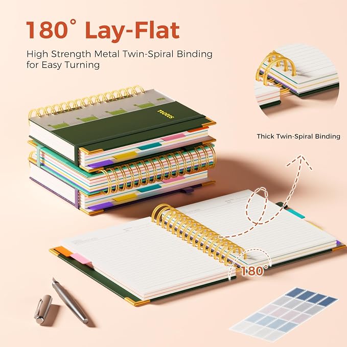 XYark A5 Hardcover Spiral Notebook, 6.3"x8.5" College Ruled Notebooks with Removable Dividers Tabs & Ruler, 5 Subject Notebook 300 Pages, Small Lined Journal for Women Men School Work Office, Green