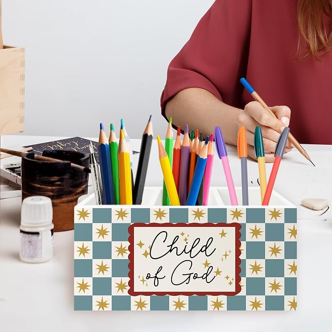 Christian Kids Pen Pencil Holder Organizer for Desk, Retro Blue Checkered Bible Verse Wooden Box Signs Decorations for Boys Girls Room Bedroom Desk Tabletop, Christian Gifts for Kids