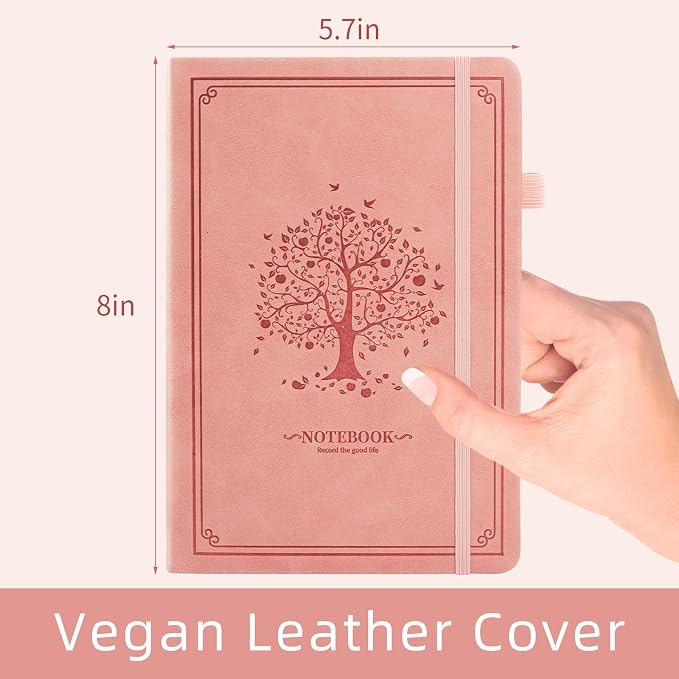OnMove Lined Notebook with Gift Box for Women Men 320 Pages A5 Hardcover Leather with Pen Holder College Ruled Journals for Work Note Taking Travel School Pink