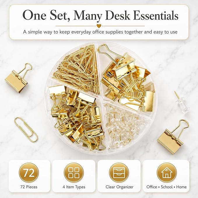 Gold Paper Binder and Clips Set, Metal Assorted Sized Binders with Push Pins, Cute Office Supplies, Teacher Desk Must Haves, Desk Accessories