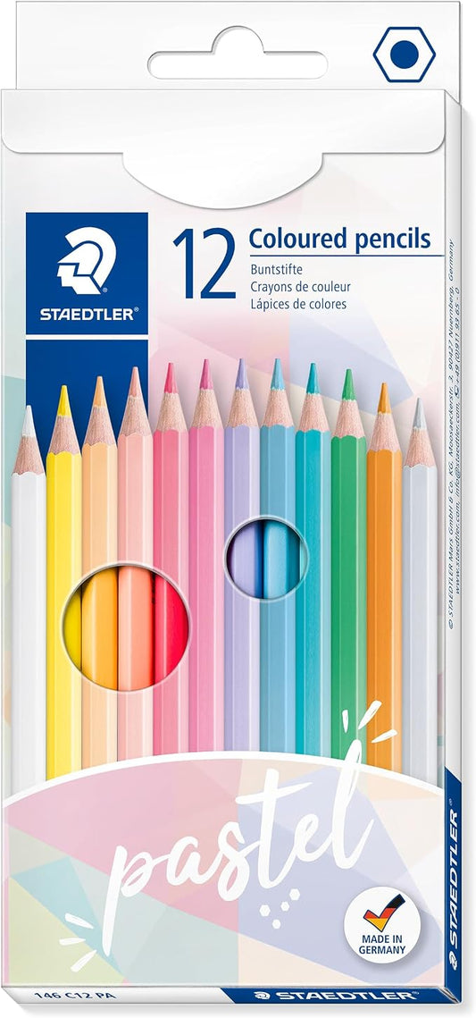 Staedtler Colouring Pencil 146 Classic Hexagonal Format, Soft Lead, Highly Pigmented Colours, 12 Pastel Colours in Cardboard Case, 146 C12 PA