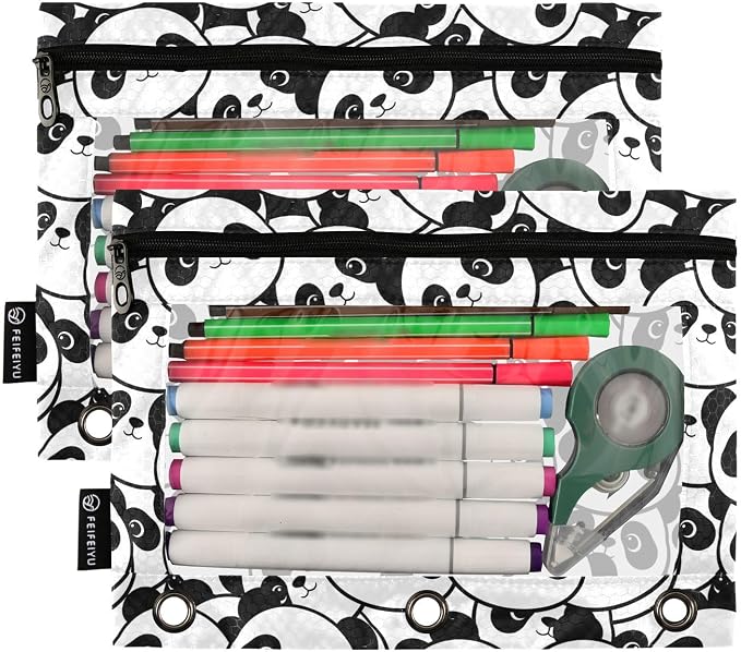 ALAZA Pencil Pouch for 3 Ring Binder, Panda Head Cute Binder Pencil Pouches with Clear Window Zipper Pencil Case Cosmetic Bags for Office College Supplies, 2PCS