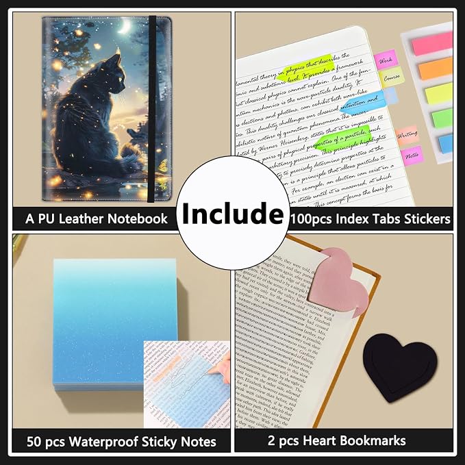 A5 Leather Lined Journal Notebook, 200 Pages Hardcover Executive Notebook for Men Women Office School Note Taking, Thick Writing Paper Daily Journal with Bookmarks/Indexes,Cute Black Cat