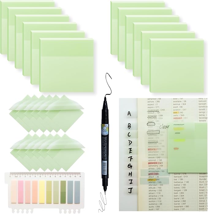 YOUDEFUL 800Pcs Transparent Sticky Notes, Morandi Teal Clear Sticky Notes, 3"x3" Waterproof Translucent Sticky Note Pads, Index Tabs, Clear Post it Notes for Bible Study, See Through Sticky Notes