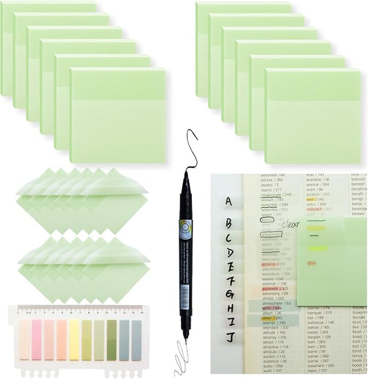 YOUDEFUL 800Pcs Transparent Sticky Notes, Morandi Teal Clear Sticky Notes, 3"x3" Waterproof Translucent Sticky Note Pads, Index Tabs, Clear Post it Notes for Bible Study, See Through Sticky Notes
