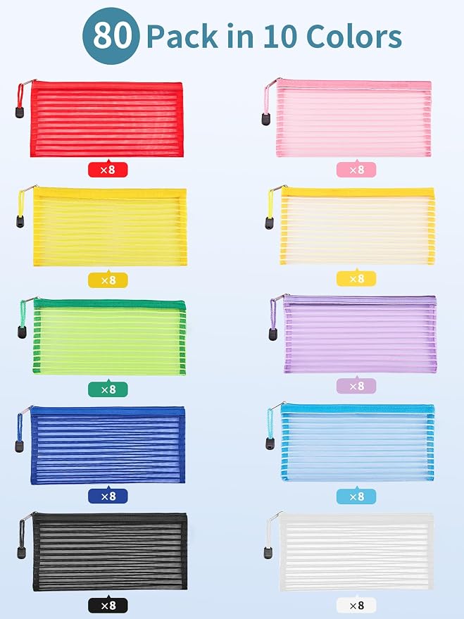 JARLINK Zipper Mesh Pouch, 80 Pcs multi-use Pencil Bags in 10 Colors | Multipurpose Pencil Pouch Bulk for School, Office Supplies, Cosmetics, Makeup&Travel Accessories, Solid Color